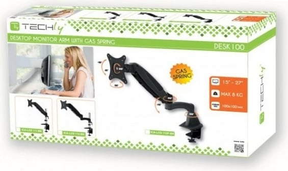 Krah tavoline për monitor Techly 022427, 15-27 inç, sustë gazi, 8 kg, zezë-çelik