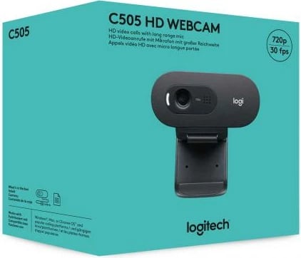 Webcam Logitech C505 HD (960-001364) 720p 30 fps, FOV 60°, fokus fiks, mikrofon me reduktim zhurme, USB-A kabllo 2 m, e zezë