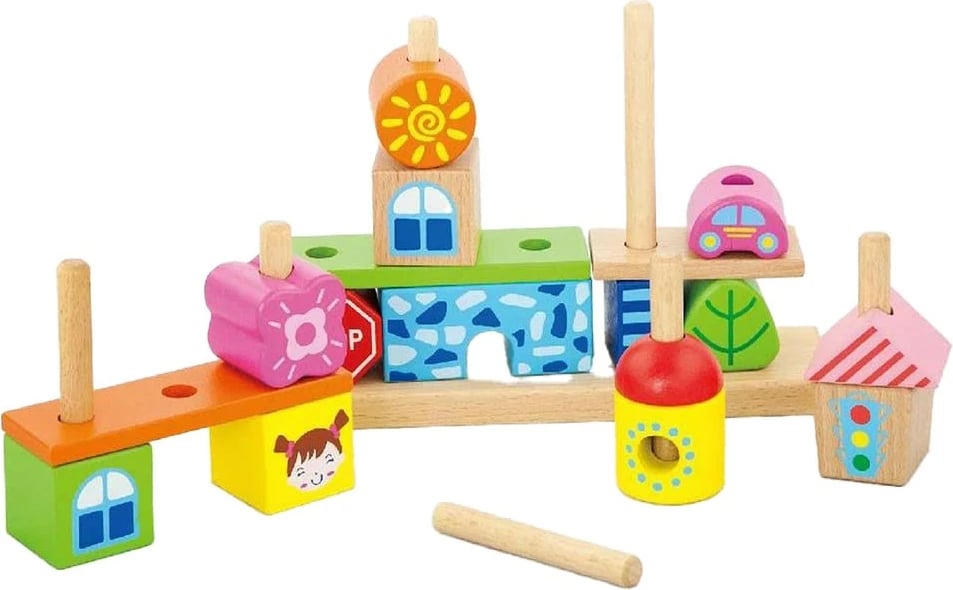 Blloqe druri ndërtimi, Viga City, me kunja, dru fagu, 230x195x60 mm, për 18+ muaj, multicolor