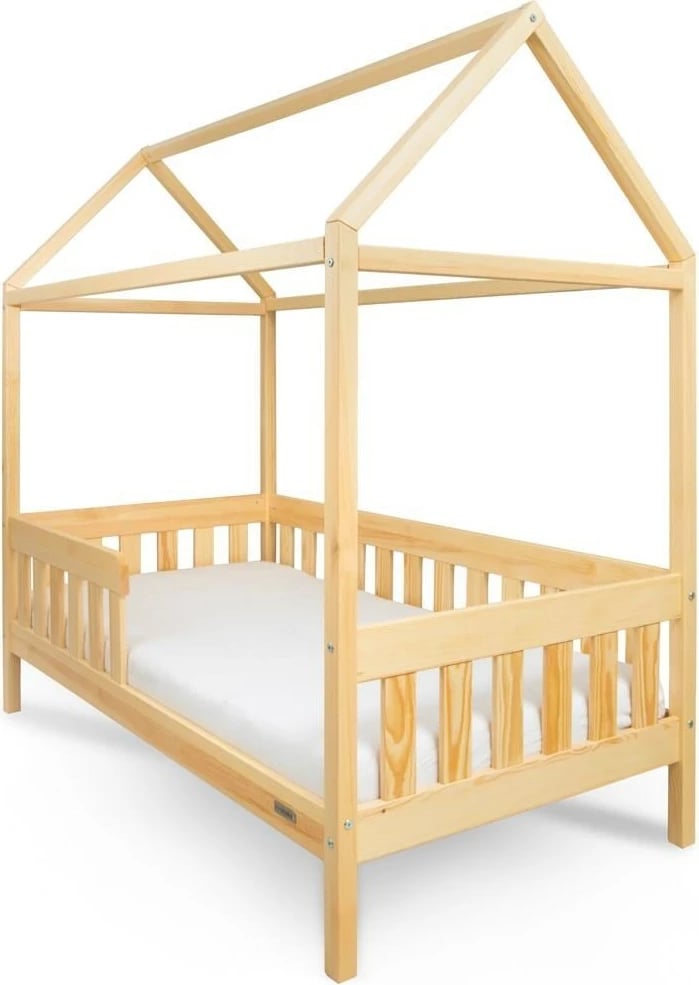 krevat shtëpizë për fëmijë, New Baby CASTELLO, 160x80 cm, me mbrojtëse dhe bazë me letvica, natyral