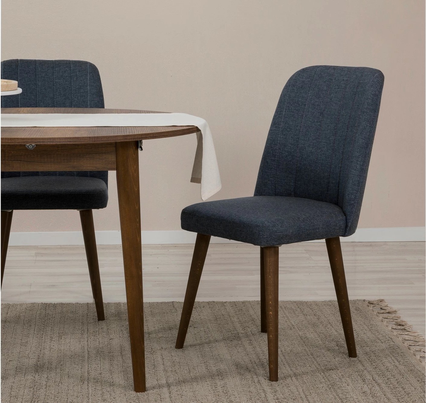 Tavolinë me karrige, zgjatshme, 5 copë, ngjyrë arre, blu e errët, Vina 1048