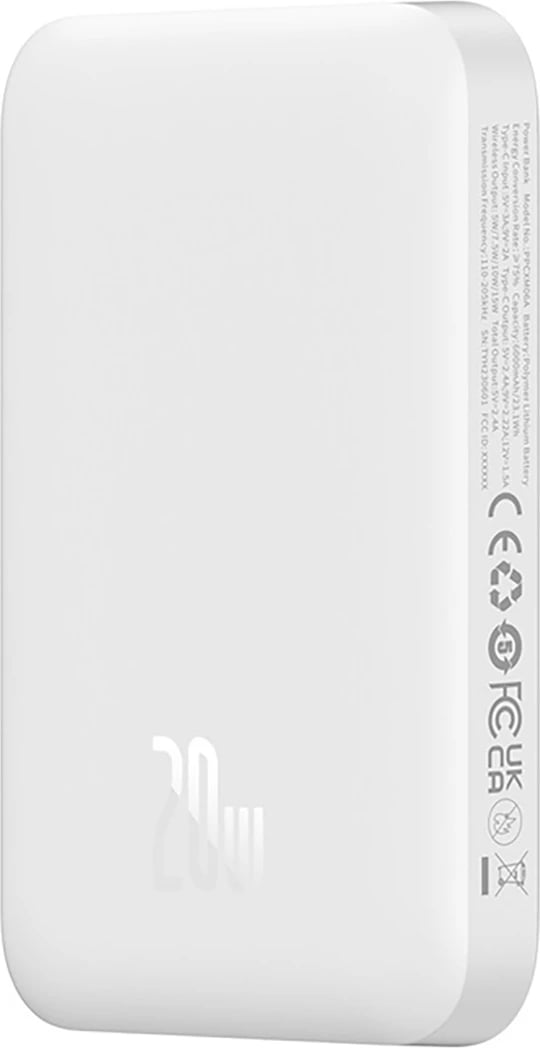Powerbank Baseus Magnetic Mini Air PPCXM06A, 6000mAh, 20W, MagSafe, me kabllo USB-C, Bardhë