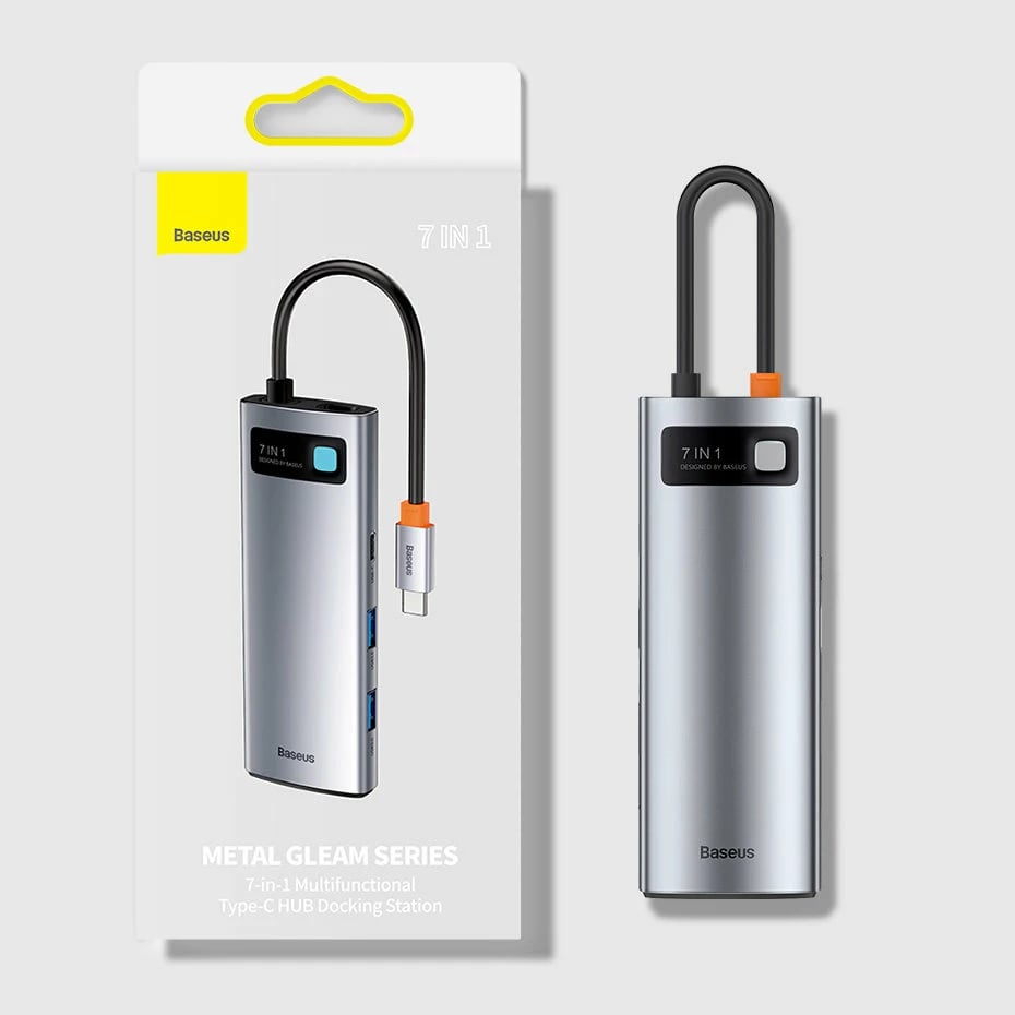 Kasë USB HUB Baseus Metal Gleam Series 7in1, USB-C, HDMI, TF, PD, Gri