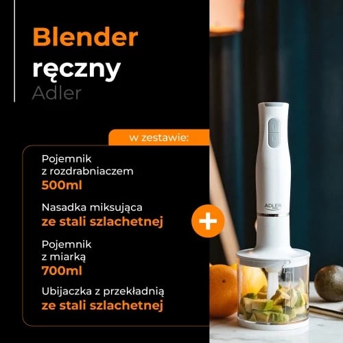 Blender dore, Adler AD 4620, 800W, 2 shpejtësi, teh/këmbë çelik inox, bardhë, set Blender dore, Adler AD 4620, 800W, 2 shpejtësi, teh/këmbë çelik inox, bardhë, set