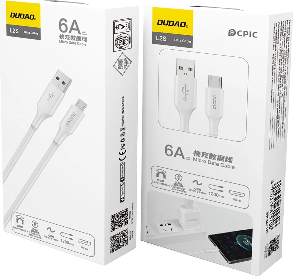 Kabllo Dudao L2SM USB-A në micro USB, 1.2m, 6A, Bardhë