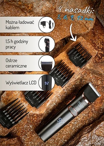 Makinë qethëse Adler AD 2832, teh qeramik/çelik, pa/kabllo, LCD, 1.5 orë punë, turbo, 4 krehra 3–12 mm, e zezë