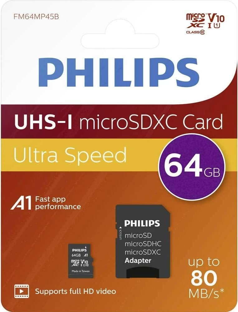 Kartë e memories Philips micro SDHC, 64GB Class 10 me adapter