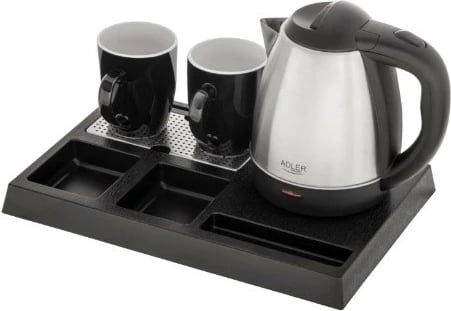 Set mirëseardhje me çajnik elektrik Adler AD 1354 1.2 L 1500 W inoks zi/çelik, set me tabaka dhe 2 filxhanë