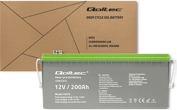 Akumulator Deep Cycle Gel Qoltec 12V 200Ah, Gri/Gjelbër