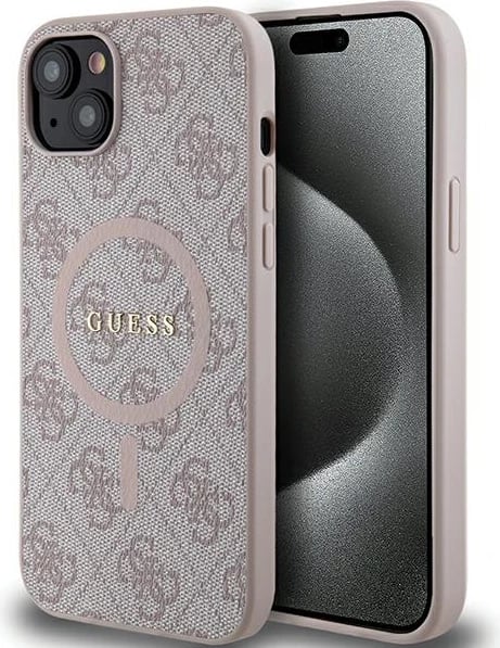 Mbështjellës Guess 4G Collection Leather Metal Logo MagSafe për iPhone 15/14/13, Rozë