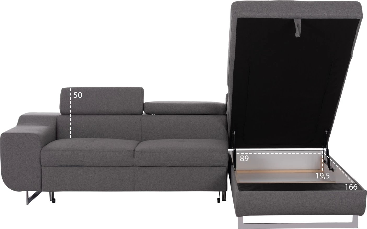 Kënd-sofë krevati me hapësirë për depo, ngjyrë gri, ENCORE FH3301.01R, 285x205x90cm