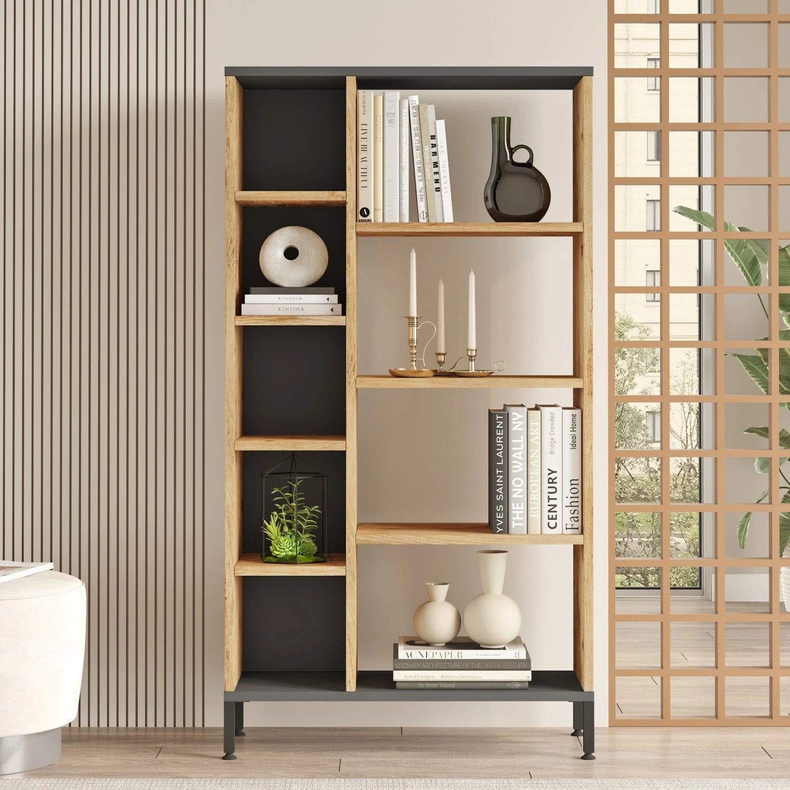 Raft librash Hanah Home, ngjyrë pishë Atlantike dhe antracit, Rl3-Aa