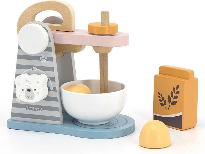 Lodër mikser druri, Viga PolarB, kuzhinë loje për fëmijë 3+, shumëngjyrësh, set 4 pjesë