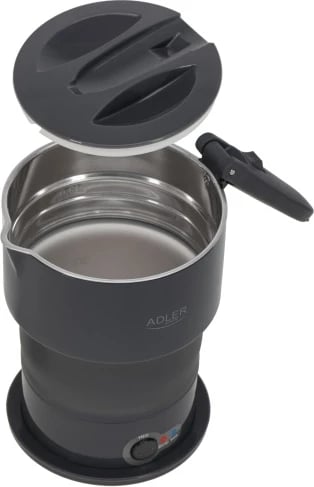 Çajnik elektrik udhëtimi, Adler, AD 1377, 0.6 L, 600 W, trup silikon i palosshëm, funksion mbajtje ngrohtë, kabllo e shkëputshme, gri