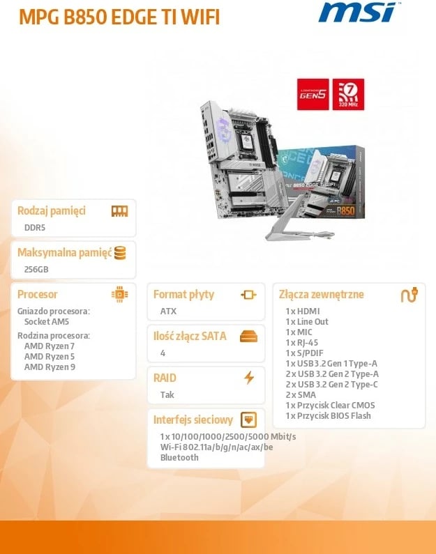 Pllakë amë MSI MPG B850 EDGE TI WIFI, Socket AM5, ATX, DDR5, Wi-Fi 7, Argjendtë