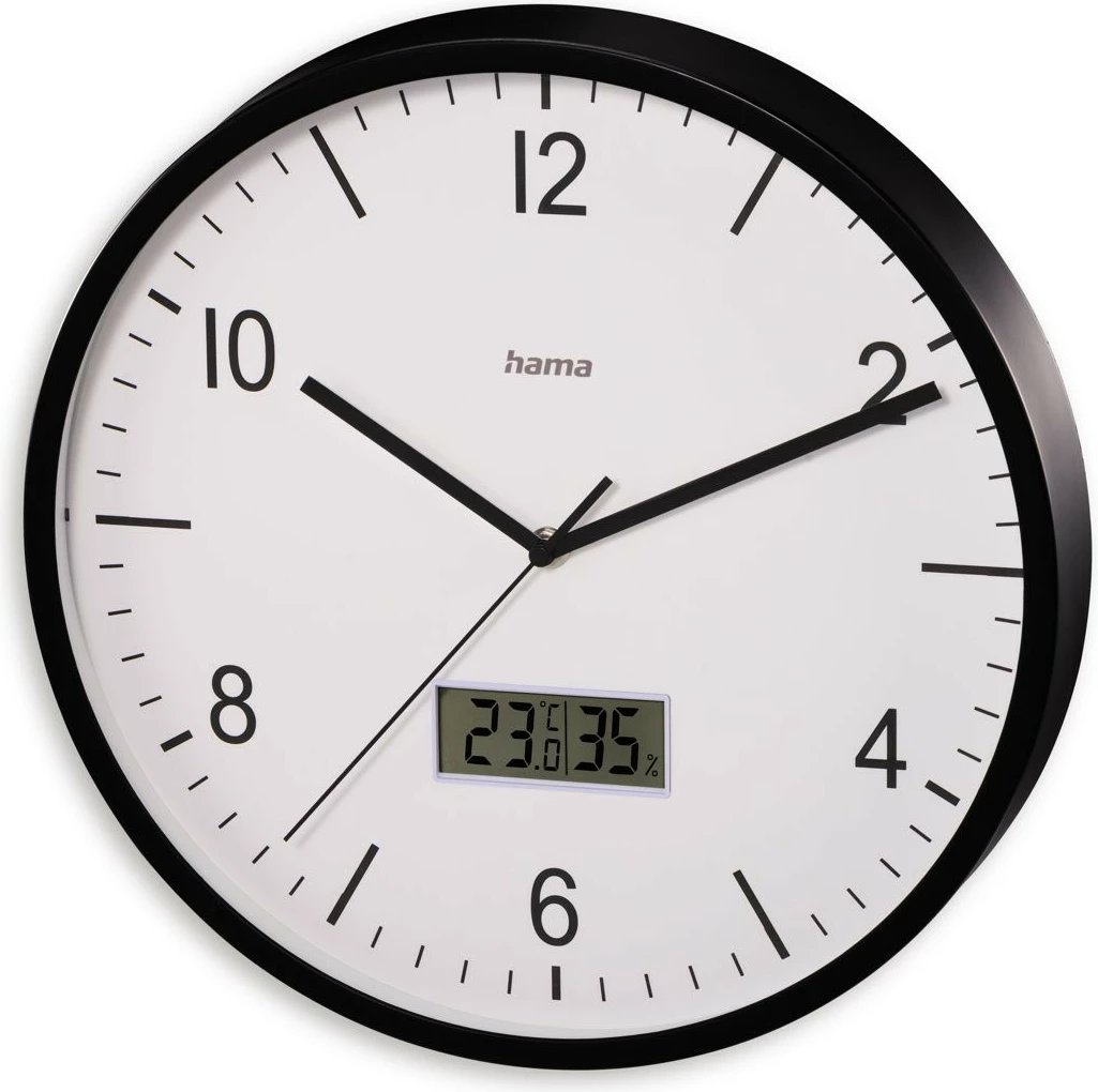 Orë muri, Hama, 185887, 30 cm, radio-kontroll DCF, mekanizëm i qetë, higrometër/termometër, xham, AA, e zezë/e bardhë