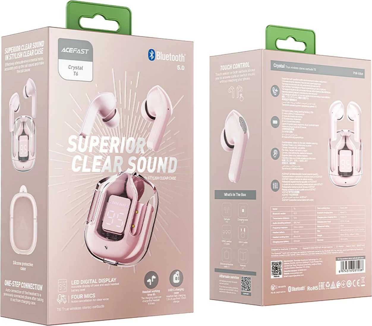 Kufje Acefast T6 TWS Bluetooth, in-ear, me ekran LED, rozë
