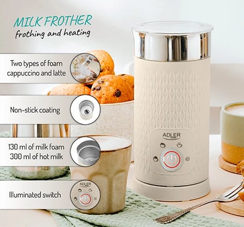 Shkumues qumështi, Adler AD 4495, 4 funksione cappuccino/latte/ngrohje/shkumë e ftohtë, 300 ml qumësht i nxehtë 130 ml shkumë, 500W, bezhë