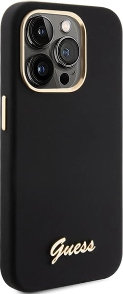 Mbështjellës Guess Silicone Script Metal Logo & Frame për iPhone 15 Pro Max, i zi