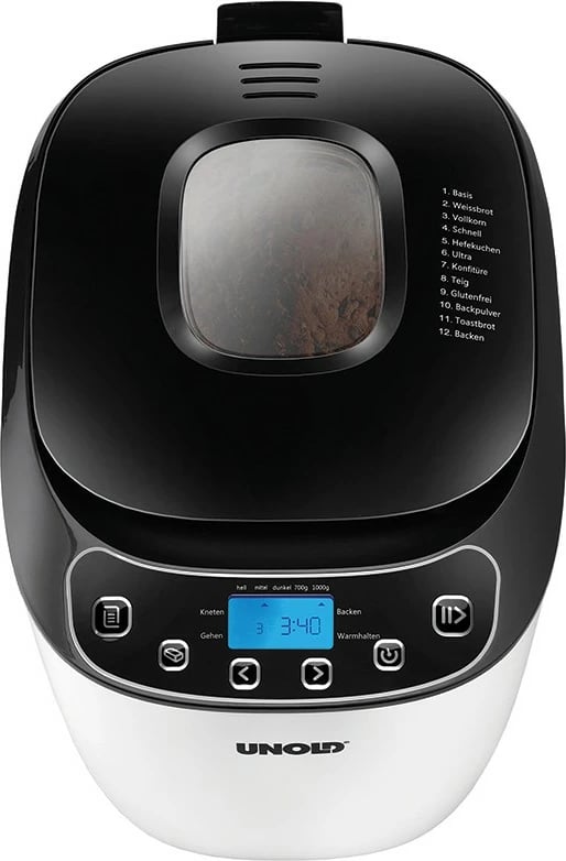 Makineri buke UNOLD 68010, 1 kg, timer i programueshëm, kontroll i thekjes, funksion mbajtje ngrohtë, dritare shikimi, e bardhë