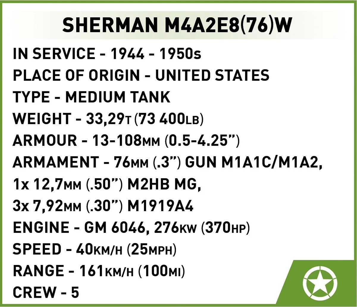 Set blloqesh Cobi Sherman M4A2E8 (76)W, 865 pjesë, 5 figurina, Jeshile