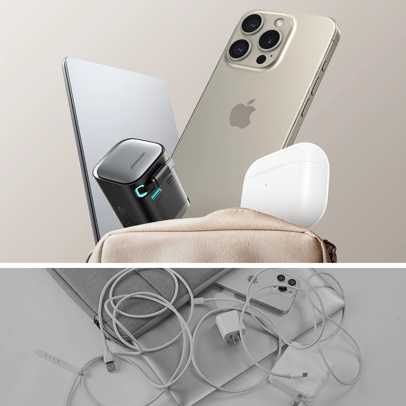 Karikues muri Joyroom JR-TCL02 GaN, 65W, 3 porta (USB-A, USB-C, kabllo USB-C), i zi