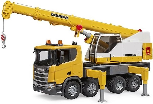 Kamion lodër BRUDER Scania Super 560R me vinç Liebherr, dritë dhe zë, bardhë/verdhe, 1:16
