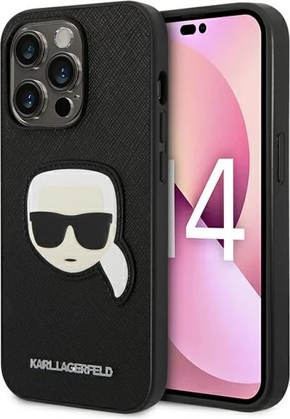 Mbështjellës Karl Lagerfeld KLHCP14LSAPKHK për iPhone 14 Pro 6.1", Saffiano Karl's Head Patch, i zi