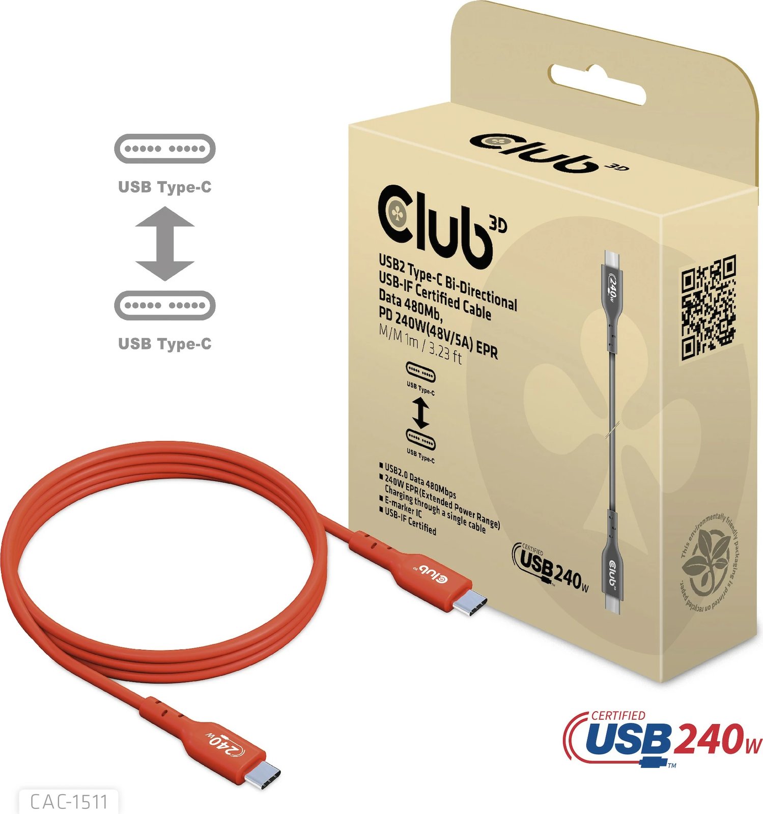 Kabllo USB-C Club3D 4m, 240W, 480Mb/s, e kuqe