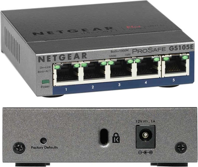Switch, Netgear, GS105E-200PES, 5 porta Gigabit, e zezë