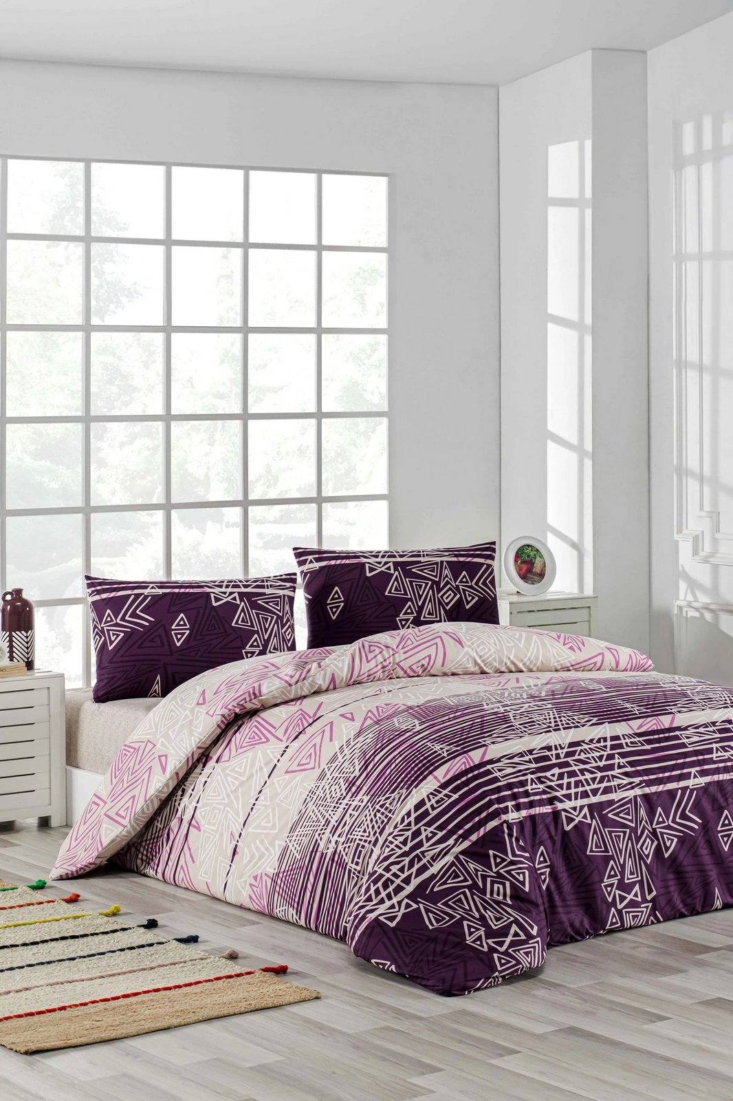 Set mbulesë jorgan për teke XXL, ngjyrë vjollcë dhe e bardhë, Pyramid