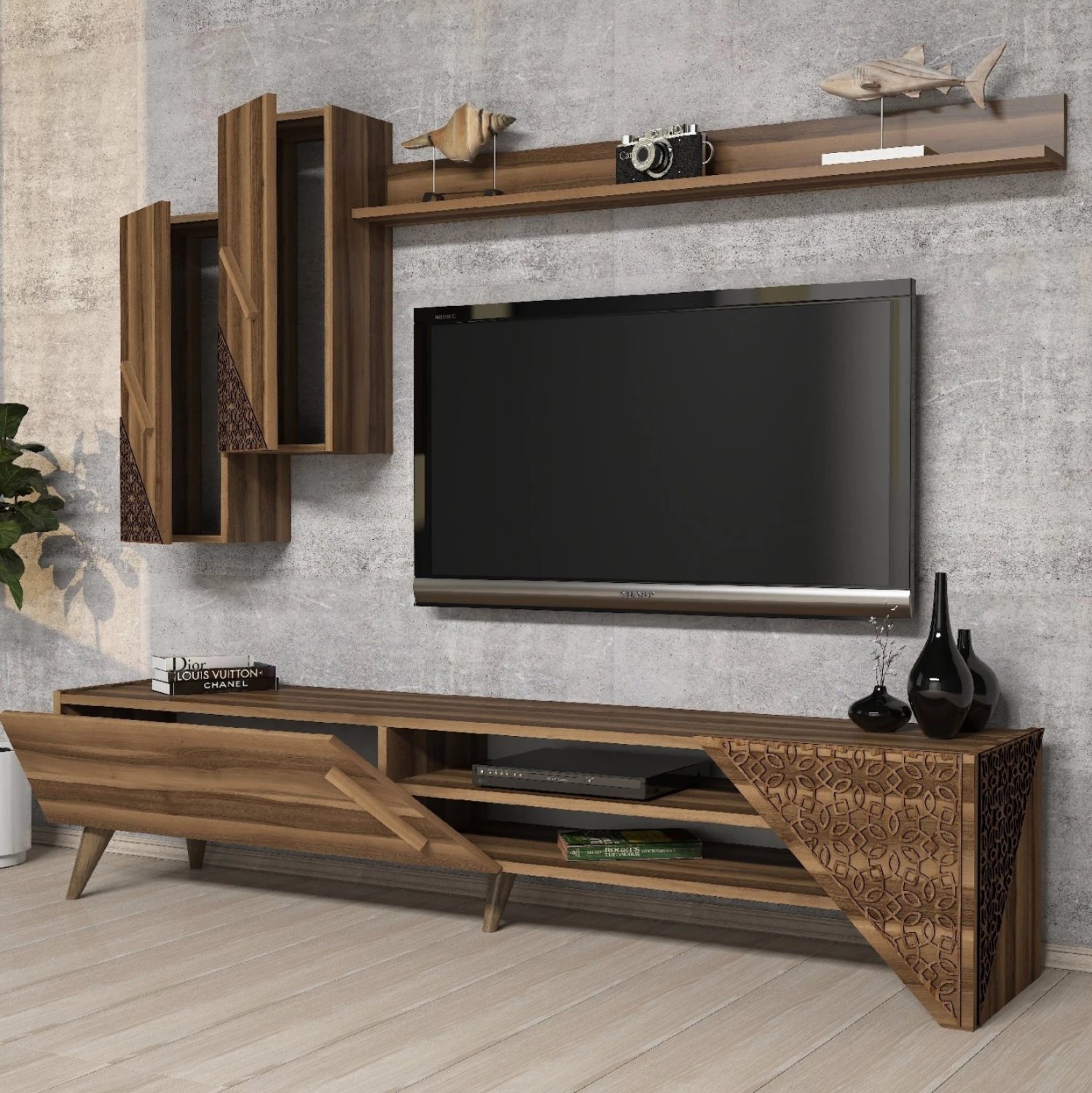 Mobilje TV kombo FH9514.02 melamin ngjyrë arre 180x37x40Hcm