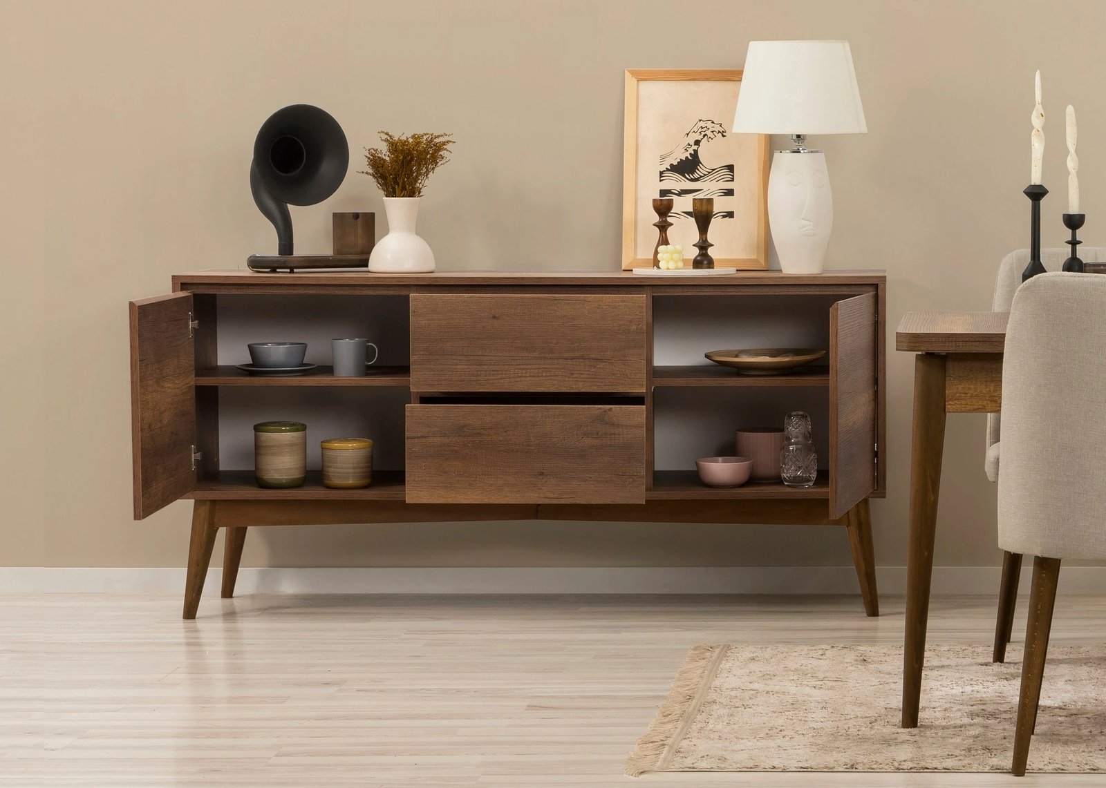 Set tavoline e zgjatshme me karrige dhe konsol (6 copë), Skye Decor, Vina 01 1005, ngjyrë arre, krem