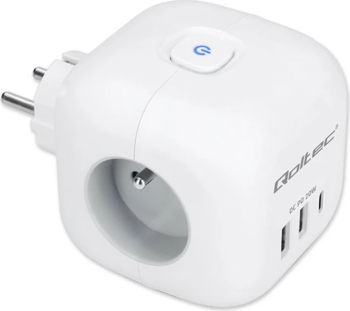 Prizë shumëfunksionale Qoltec 52548, 3x AC, 2x USB, 1x USB-C PD 20W, Bardhë