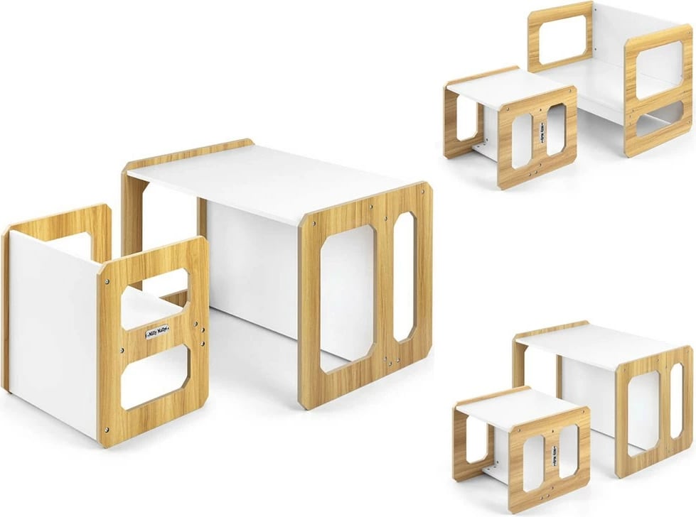 Set mobilje 3‑në‑1, Milly Mally Stella, tavolinë + karrige, modulare, MDF, për fëmijë 3–6 vjeç, Natural