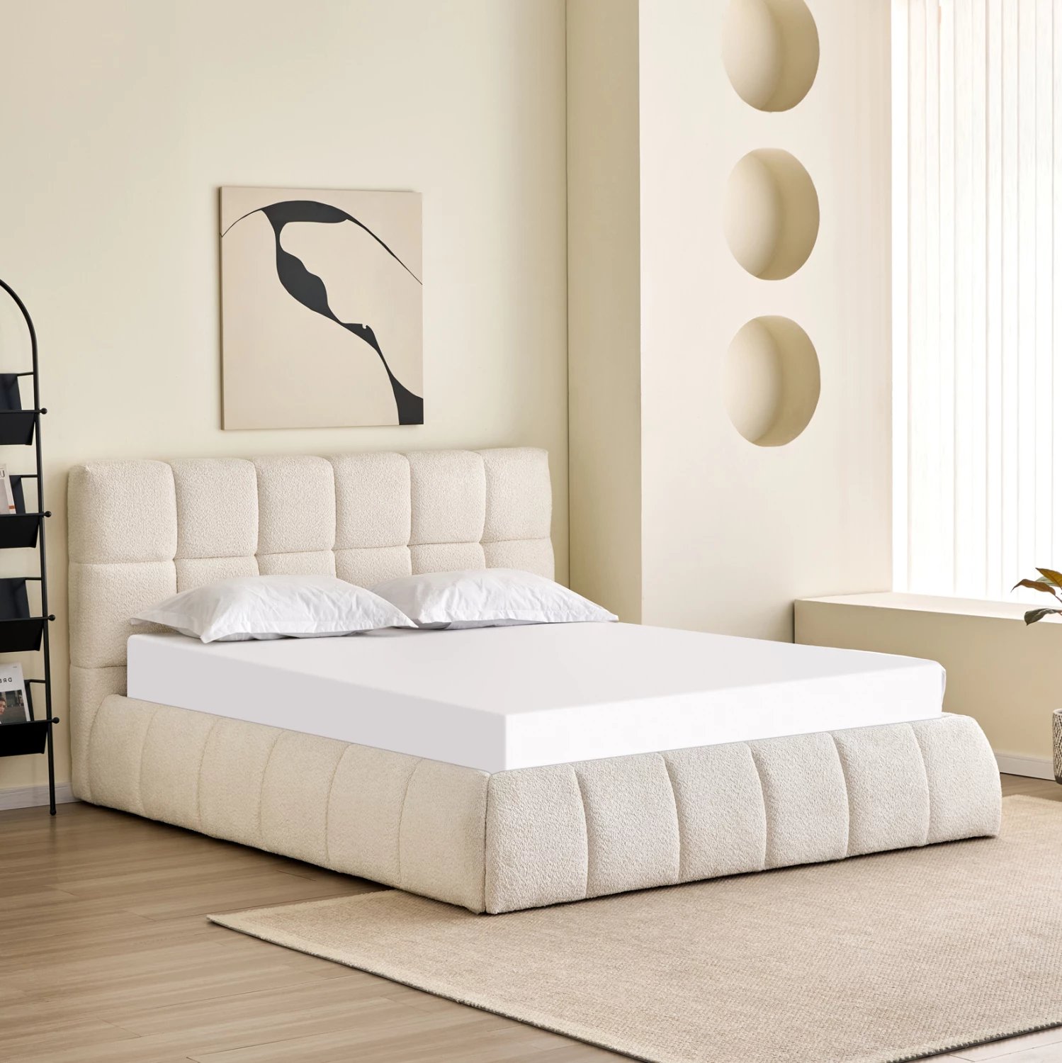 Krevat dopio EDDY, boucle bezhë, me hapësirë për depo, FH731.03, për dyshek 160x200cm