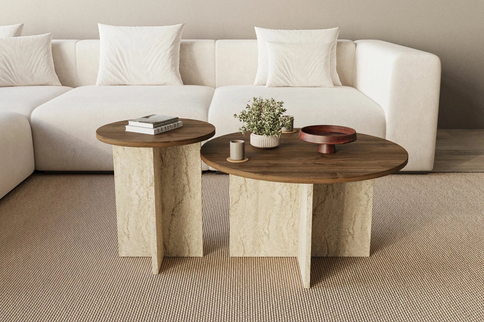 Set tavolinash kafeje Skye Decor, privat, ngjyrë arre, travertin