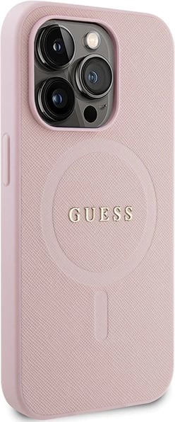 Mbështjellës Guess GUHMP13LPSAHMCP për iPhone 13 Pro / 13, Saffiano MagSafe, rozë