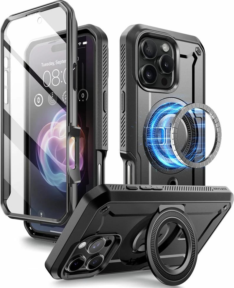 Mbështjellës Supcase Unicorn Beetle Pro Mag për iPhone 16 Pro Max/16 Plus, MagSafe, i zi, me klip rripi