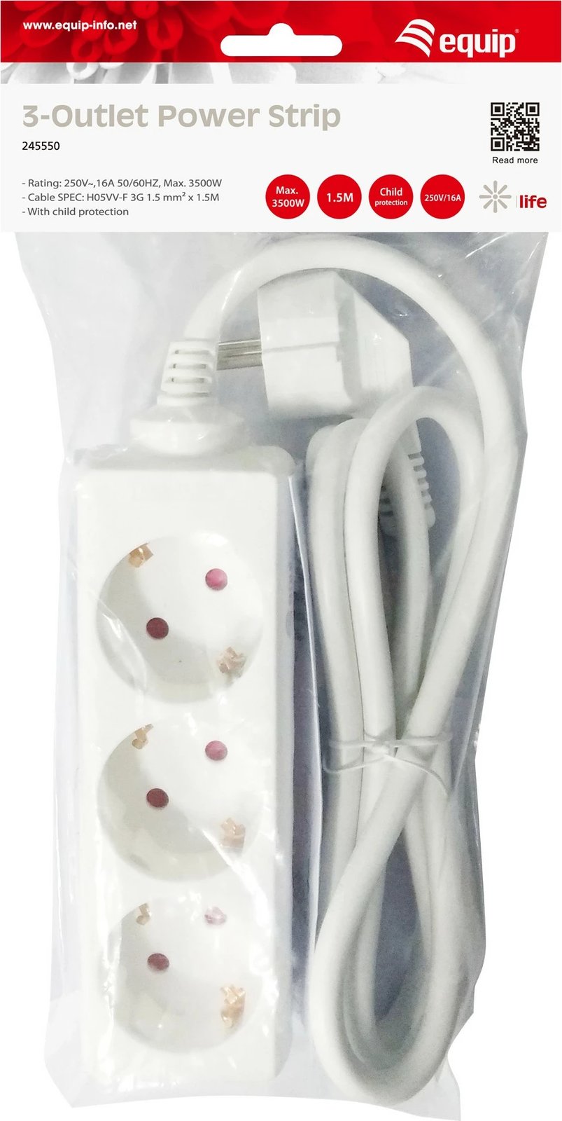 Zgjatues rryme Equip 245550, 3 dalje, 1.5m, plastik, i bardhë