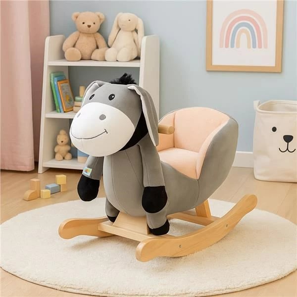 Lodër lëkundëse me melodi, PLAYTO, gomar, sedilje rreth 25 cm, prej plushi, e përshtatshme 18m+, gri