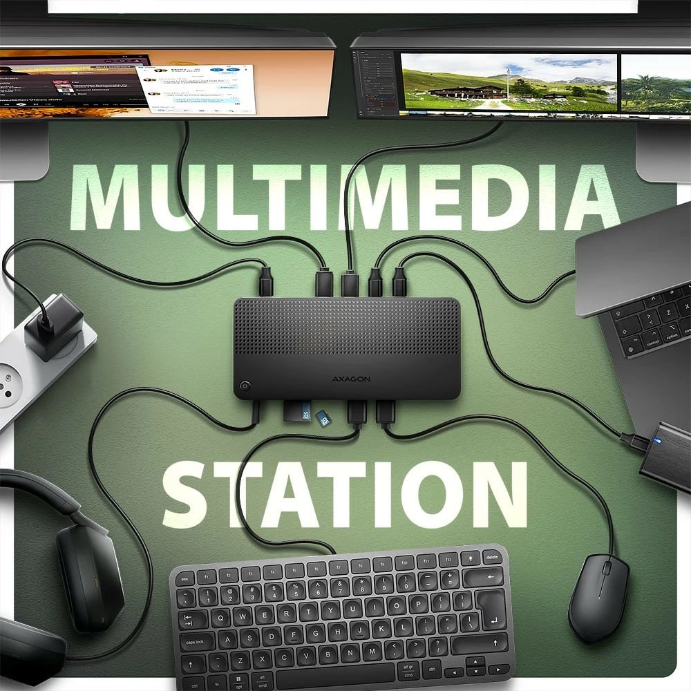 Stacion dokimi AXAGON HMC-U4, 12-në-1, USB4 40Gbps, 3x USB-A, 2x USB-C, GLAN, HDMI 8K, DP 8K, PD 100W, audio HQ, SD/microSD, 80cm kabllo, Zi