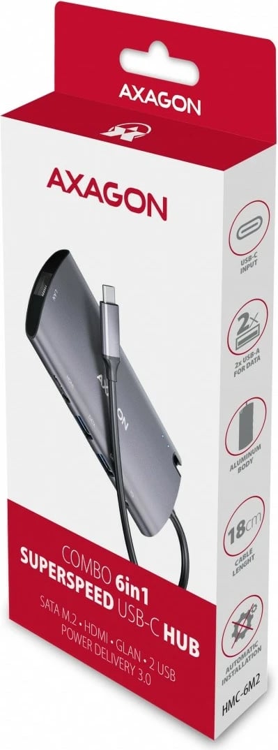 Kasë AXAGON HMC-6M2, multiport USB-C 3.2 Gen 1 hub, slot M.2 SATA, HDMI, GLAN, 2x USB-A, PD 100W, Gri