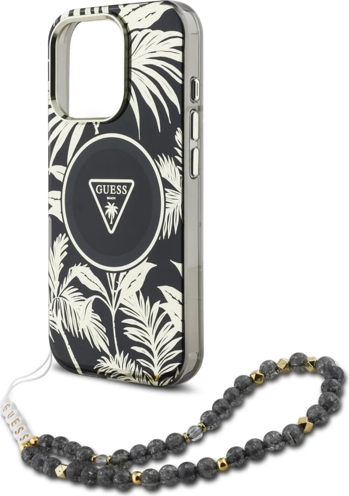 Mbështjellës, Guess, Palm Trees Triangle Pearl Strap MagSafe, për iPhone 16 Pro 6.3", magnet MagSafe, TPU/PC, me rrip me rruaza, zi