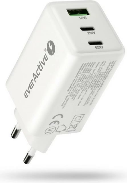 Karikues muri GaN, everActive SC-655Q, 65W, 1x USB + 2x USB-C, PD/PPS/QC4+, i bardhë