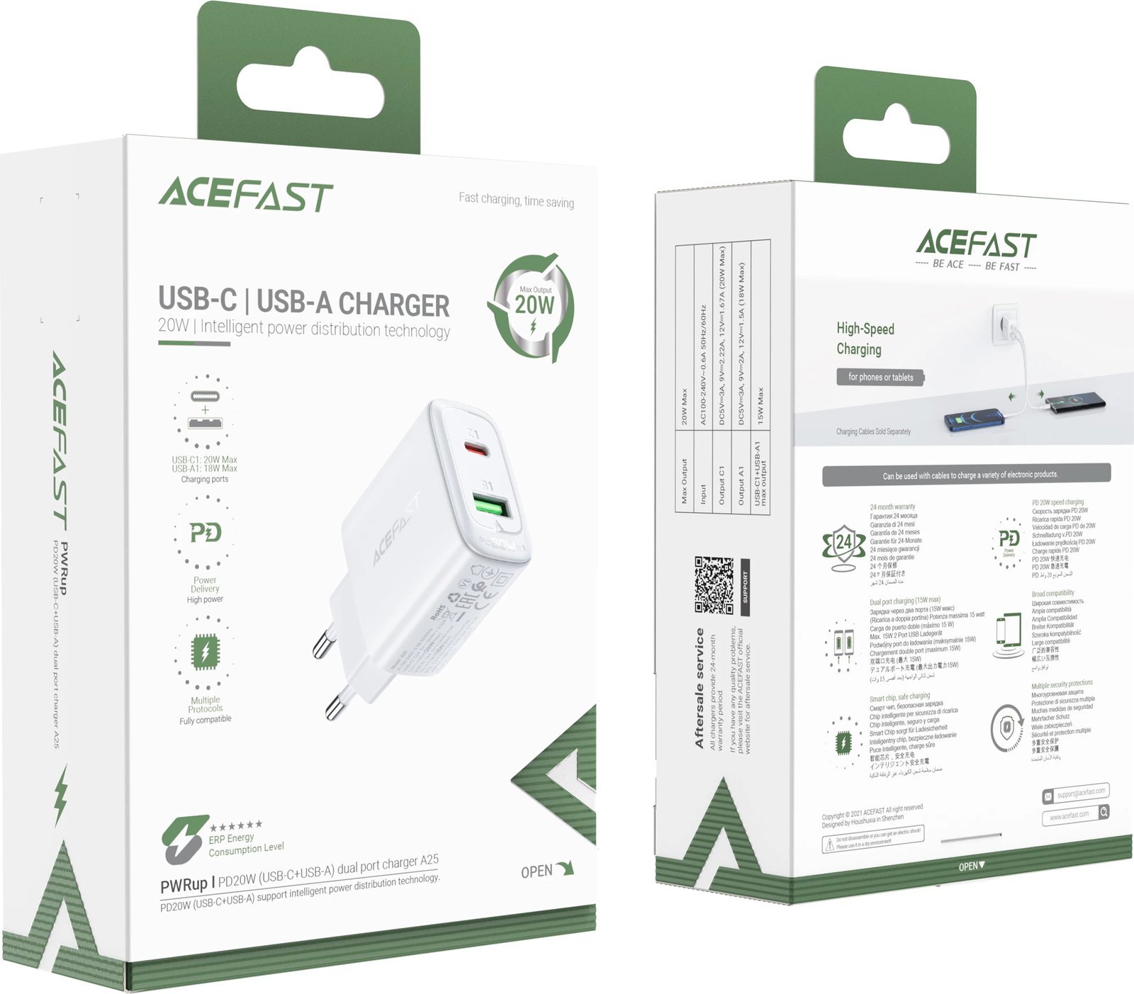 Karikues muri Acefast A25, 20W, USB-C/USB-A, i bardhë