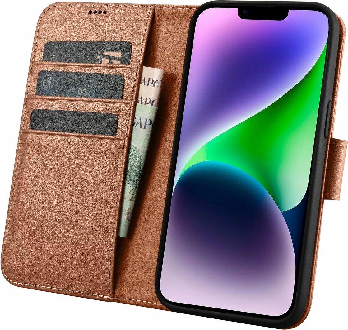 Mbështjellës iCarer Wallet 2in1 për iPhone 14 Plus, lëkurë natyrale, Anti-RFID, Kafe