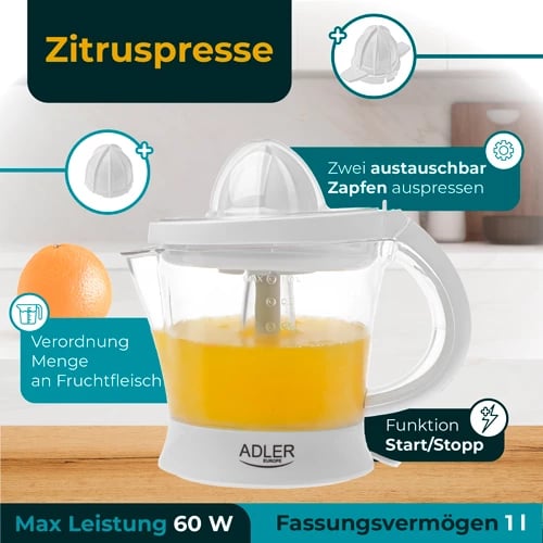 Shtrydhëse agrumesh, Adler AD 4014, 1L, 40W (60W max), auto start/stop, 2 konuse, e bardhë