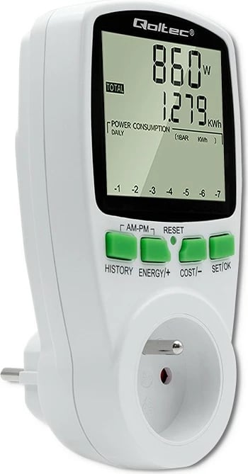 Matës i konsumit të energjisë Qoltec PM0627, 3680W, 16A, LCD, Bardhë