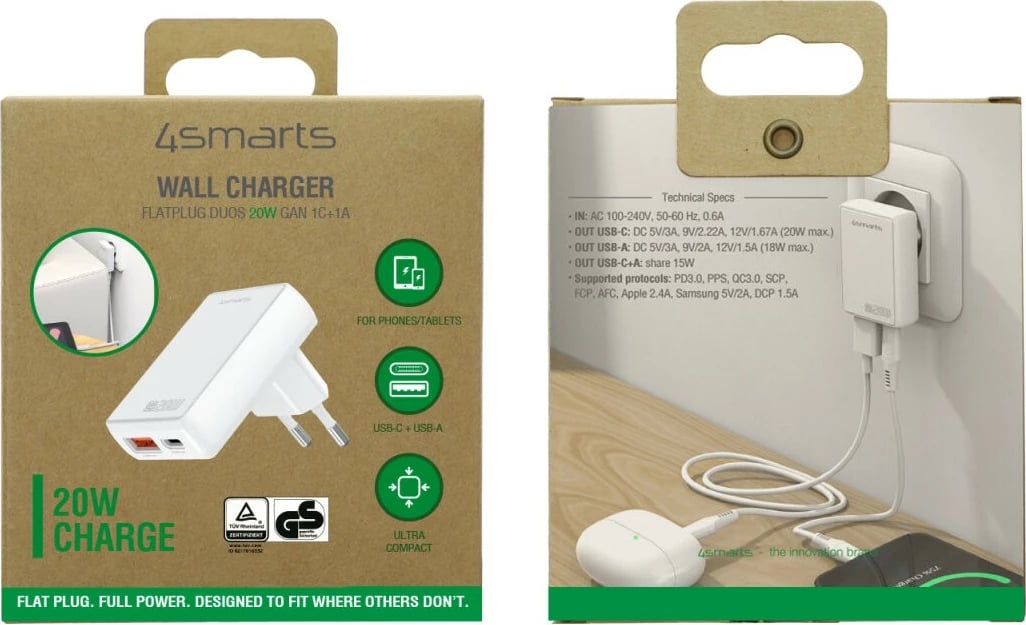Karikues 4smarts FlatPlug Duos 20W GaN, 1x USB-C, 1x USB-A, i bardhë